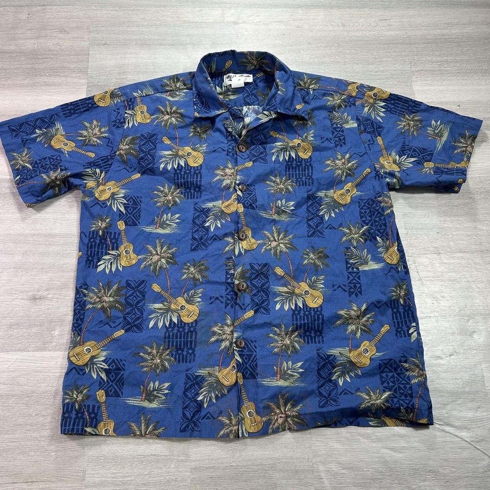 Howie Shirt Mens Medium Blue Guitar Palm Tree Hawaiian Button Up Made In Hawaii